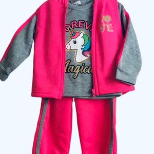 3PCS Pink & Gray Diva Unicorn Hooded Sweat Pant, Vest & Sweatshirt 18M